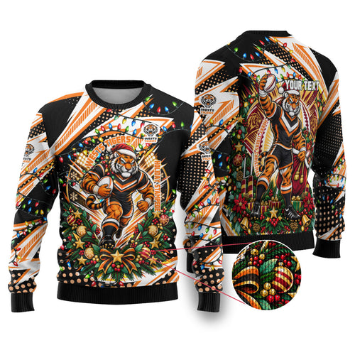 Personalized Wests Tigers Rugby Christmas Ugly Christmas Sweater Holiday Mascot Graphic Art Festive Lights Bow