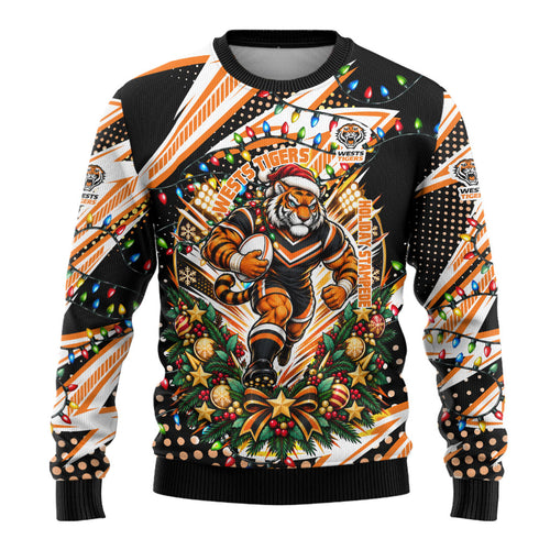 Personalized Wests Tigers Rugby Christmas Ugly Christmas Sweater Holiday Mascot Graphic Art Festive Lights Bow