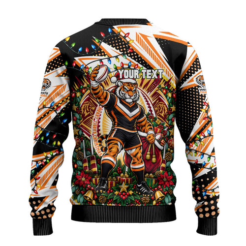 Personalized Wests Tigers Rugby Christmas Ugly Christmas Sweater Holiday Mascot Graphic Art Festive Lights Bow