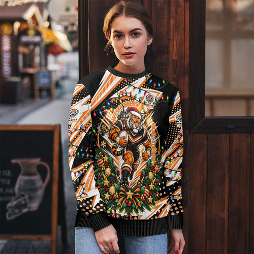 Personalized Wests Tigers Rugby Christmas Ugly Christmas Sweater Holiday Mascot Graphic Art Festive Lights Bow