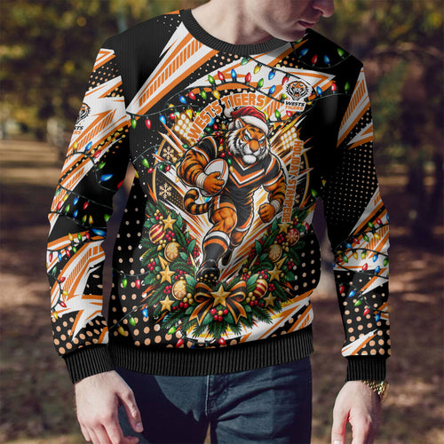 Personalized Wests Tigers Rugby Christmas Ugly Christmas Sweater Holiday Mascot Graphic Art Festive Lights Bow