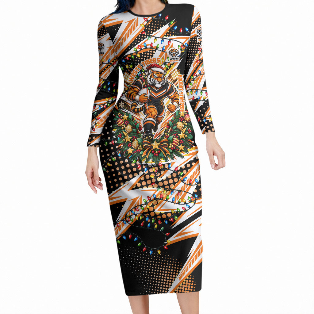 Personalized Wests Tigers Rugby Christmas Long Sleeve Bodycon Dress Holiday Mascot Graphic Art Festive Lights Bow