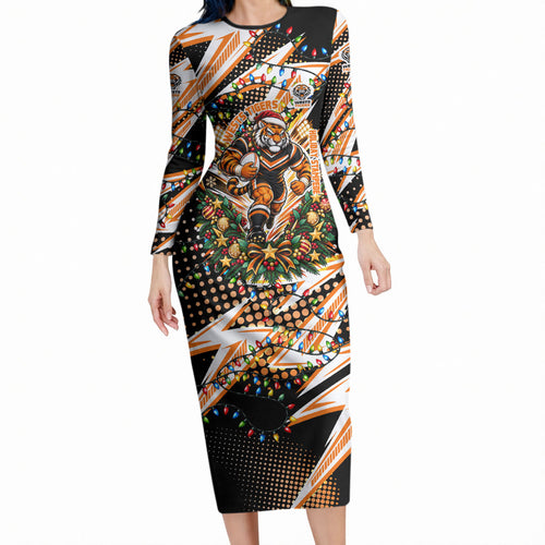 Personalized Wests Tigers Rugby Christmas Long Sleeve Bodycon Dress Holiday Mascot Graphic Art Festive Lights Bow