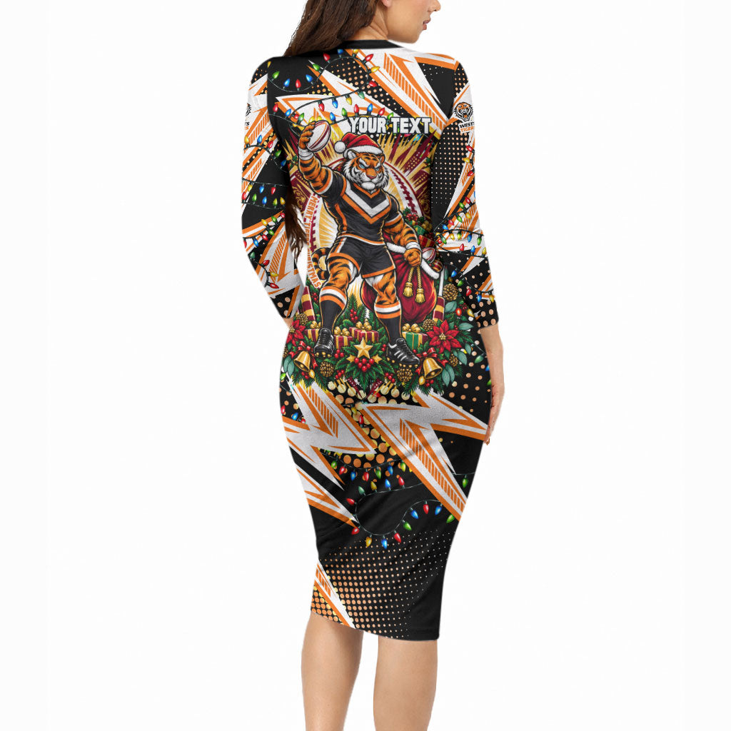 Personalized Wests Tigers Rugby Christmas Long Sleeve Bodycon Dress Holiday Mascot Graphic Art Festive Lights Bow