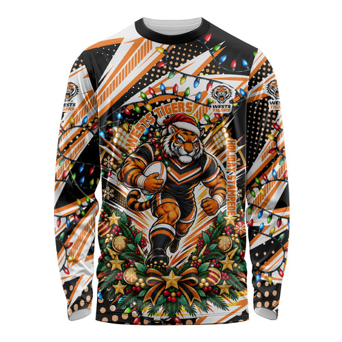 Personalized Wests Tigers Rugby Christmas Long Sleeve Shirt Holiday Mascot Graphic Art Festive Lights Bow