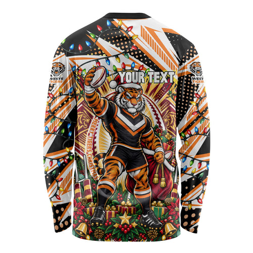 Personalized Wests Tigers Rugby Christmas Long Sleeve Shirt Holiday Mascot Graphic Art Festive Lights Bow