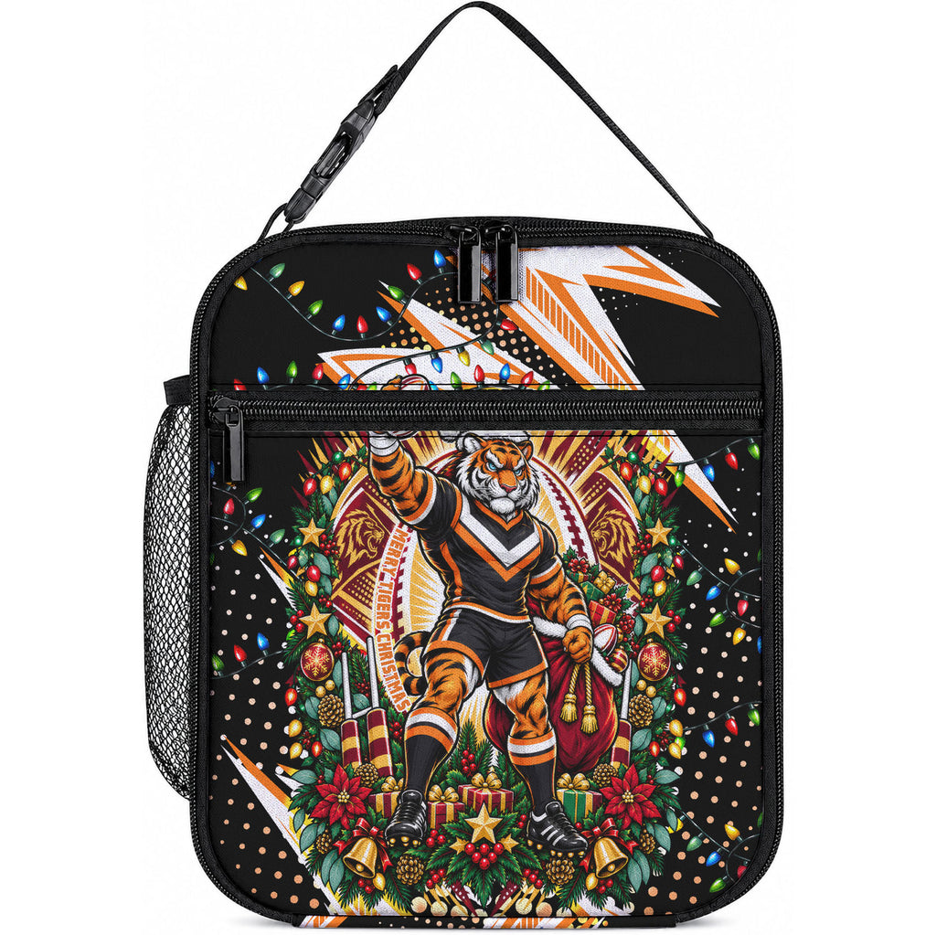Personalized Wests Tigers Rugby Christmas Lunch Bag Holiday Mascot Graphic Art Festive Lights Bow