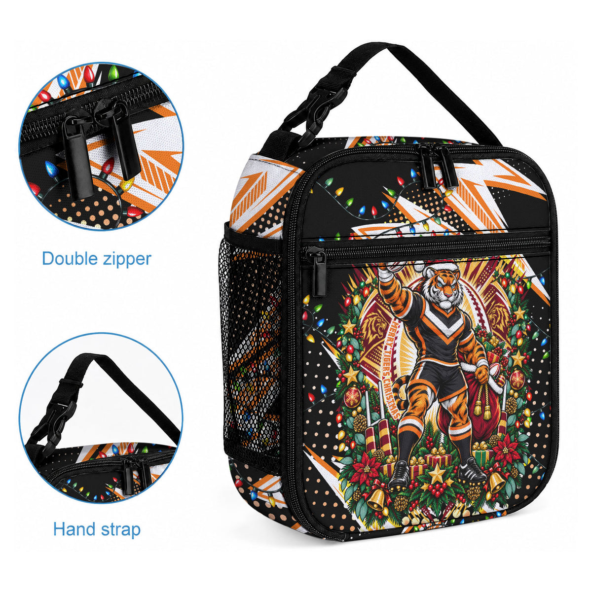 Personalized Wests Tigers Rugby Christmas Lunch Bag Holiday Mascot Graphic Art Festive Lights Bow