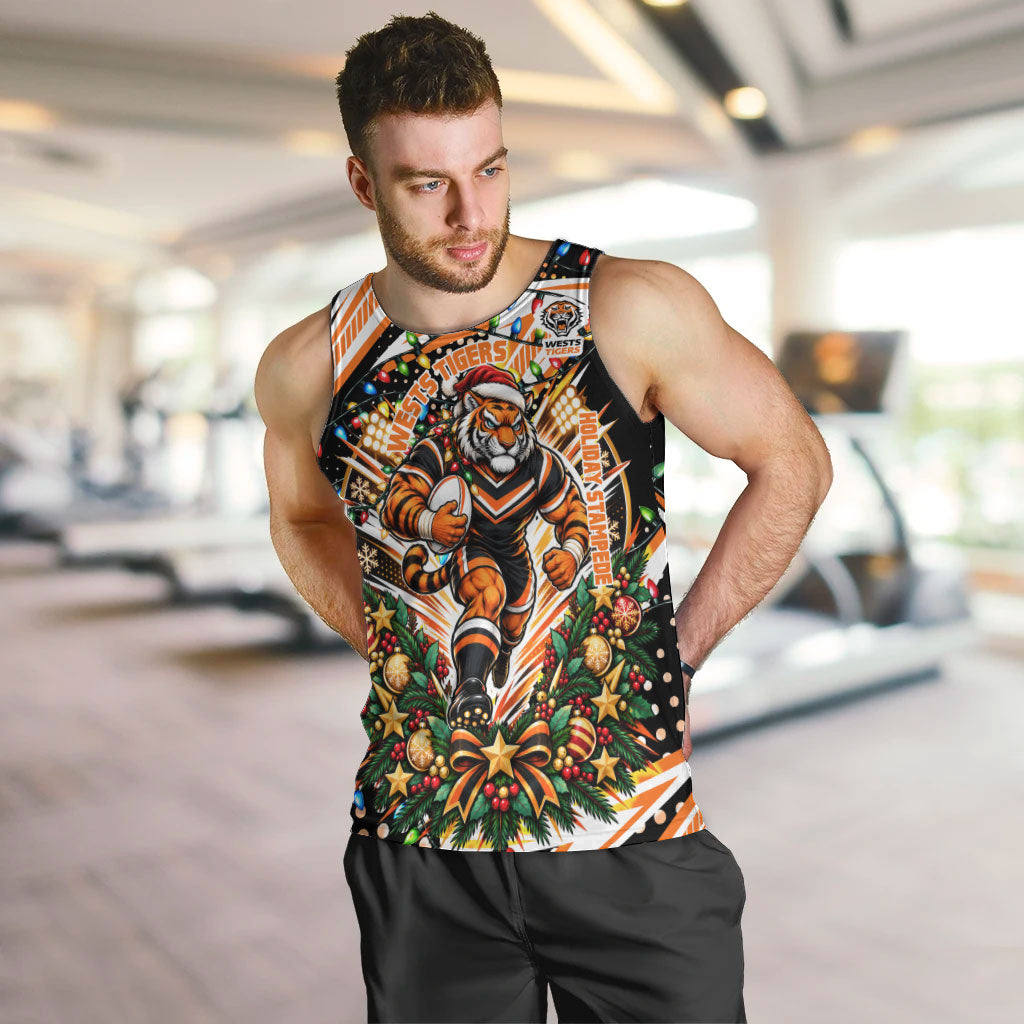 Personalized Wests Tigers Rugby Christmas Men Tank Top Holiday Mascot Graphic Art Festive Lights Bow