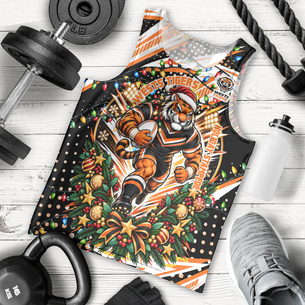 Personalized Wests Tigers Rugby Christmas Men Tank Top Holiday Mascot Graphic Art Festive Lights Bow
