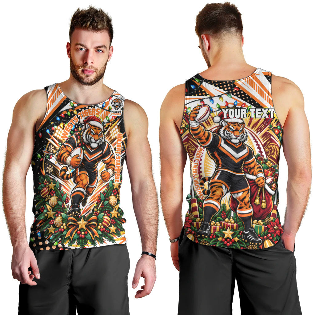 Personalized Wests Tigers Rugby Christmas Men Tank Top Holiday Mascot Graphic Art Festive Lights Bow