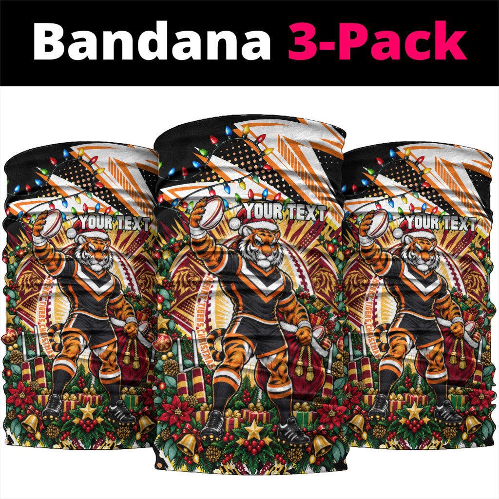 Personalized Wests Tigers Rugby Christmas Neck Gaiter Holiday Mascot Graphic Art Festive Lights Bow