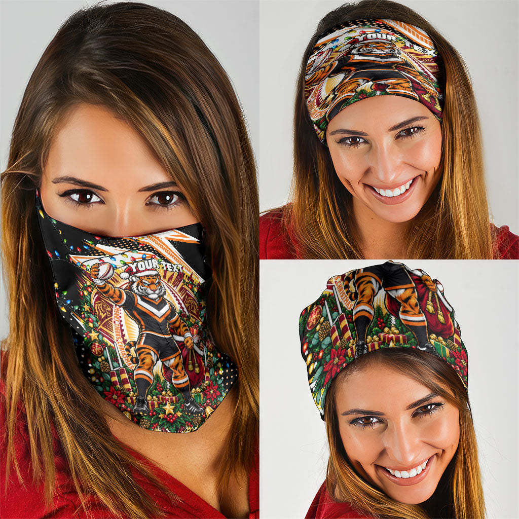 Personalized Wests Tigers Rugby Christmas Neck Gaiter Holiday Mascot Graphic Art Festive Lights Bow