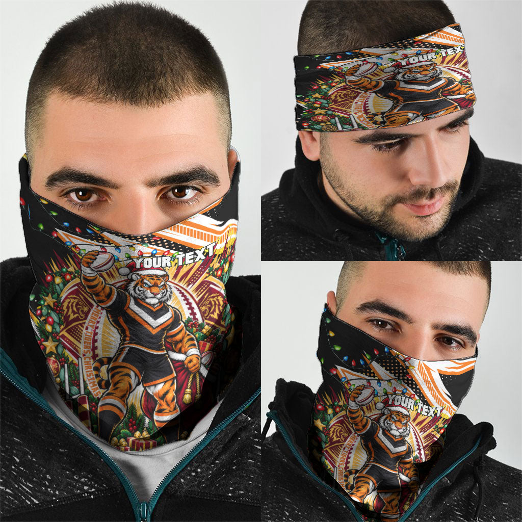 Personalized Wests Tigers Rugby Christmas Neck Gaiter Holiday Mascot Graphic Art Festive Lights Bow