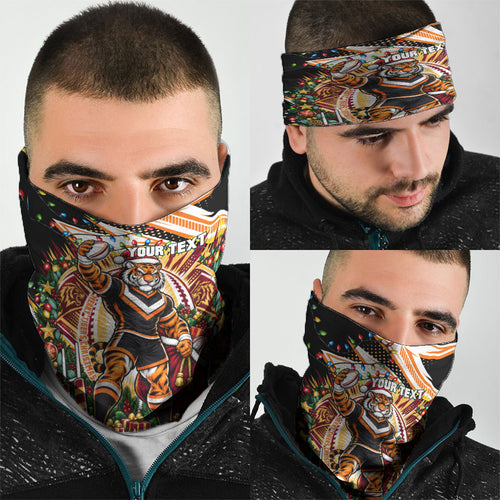 Personalized Wests Tigers Rugby Christmas Neck Gaiter Holiday Mascot Graphic Art Festive Lights Bow