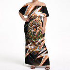 Personalized Wests Tigers Rugby Christmas Off Shoulder Maxi Dress Holiday Mascot Graphic Art Festive Lights Bow