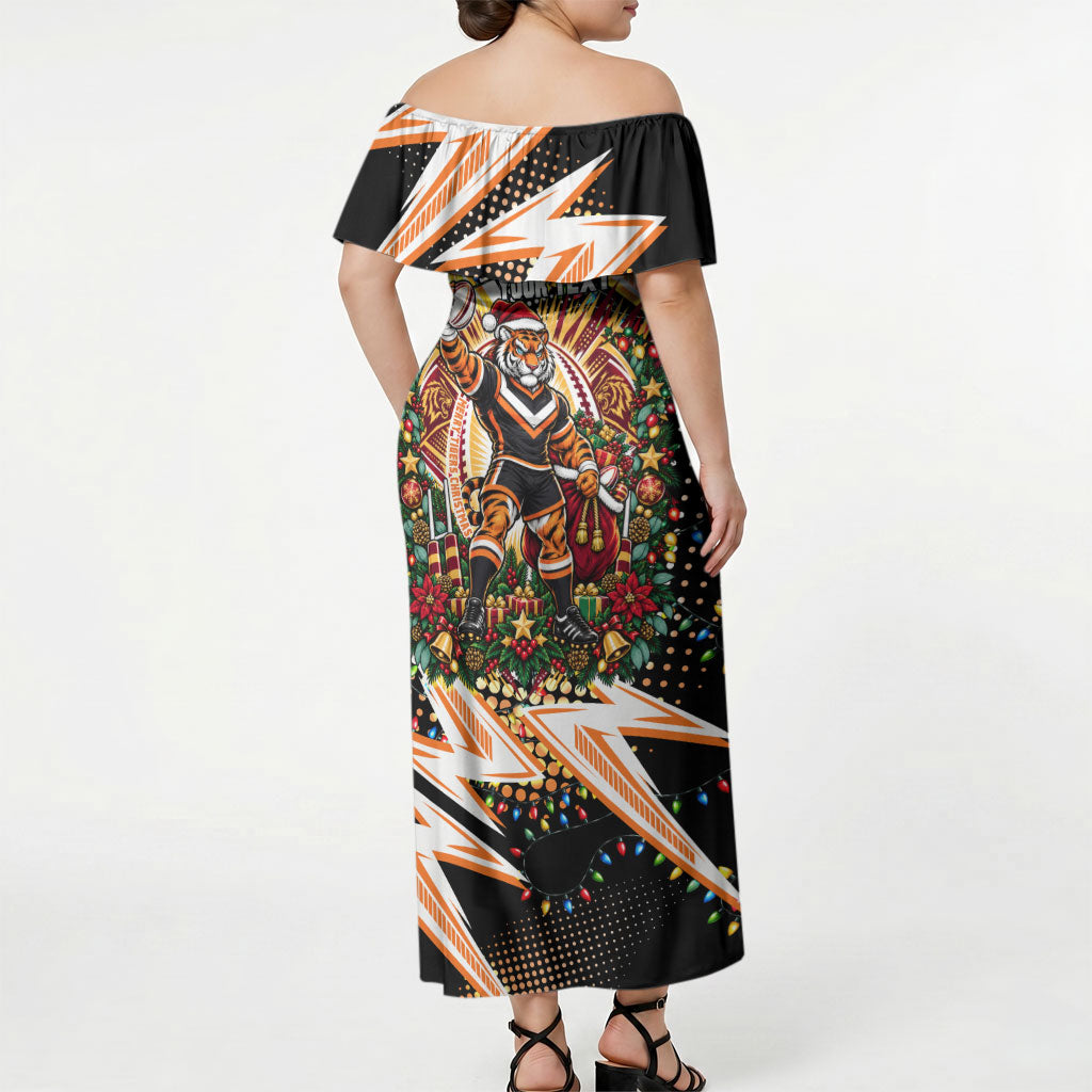 Personalized Wests Tigers Rugby Christmas Off Shoulder Maxi Dress Holiday Mascot Graphic Art Festive Lights Bow