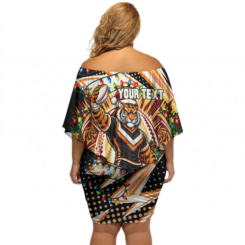 Personalized Wests Tigers Rugby Christmas Off Shoulder Short Dress Holiday Mascot Graphic Art Festive Lights Bow