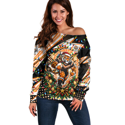 Personalized Wests Tigers Rugby Christmas Off Shoulder Sweater Holiday Mascot Graphic Art Festive Lights Bow