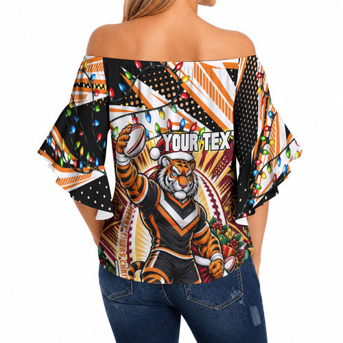 Personalized Wests Tigers Rugby Christmas Off Shoulder Wrap Waist Top Holiday Mascot Graphic Art Festive Lights Bow