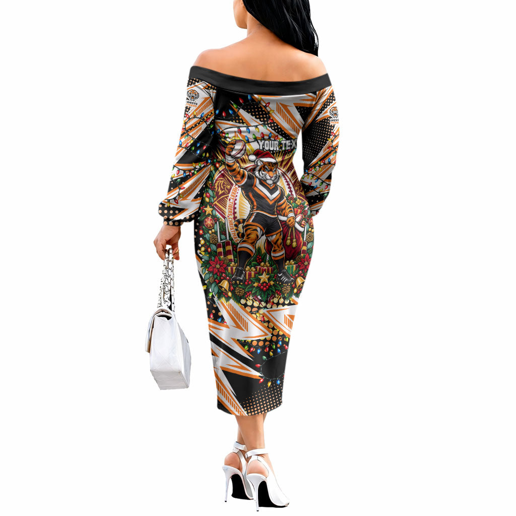 Personalized Wests Tigers Rugby Christmas Off The Shoulder Long Sleeve Dress Holiday Mascot Graphic Art Festive Lights Bow