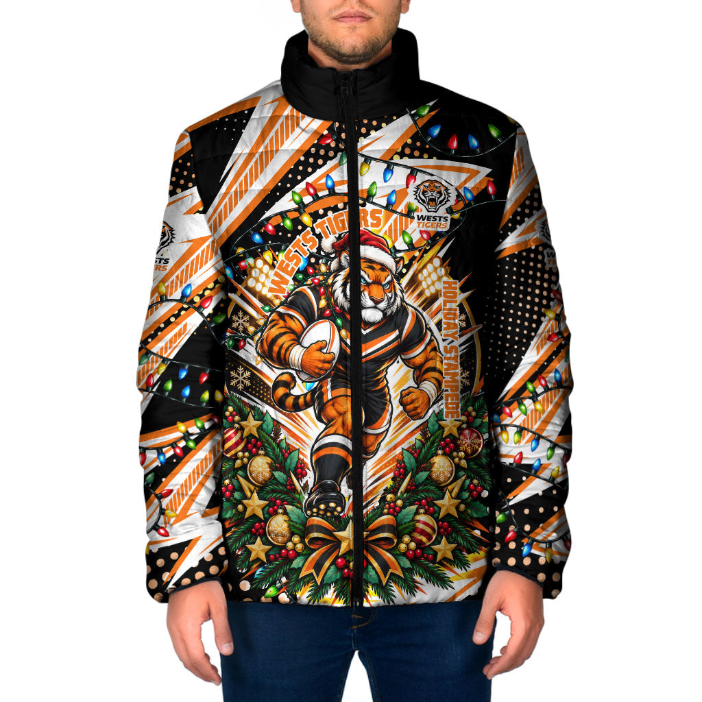 Personalized Wests Tigers Rugby Christmas Padded Jacket Holiday Mascot Graphic Art Festive Lights Bow