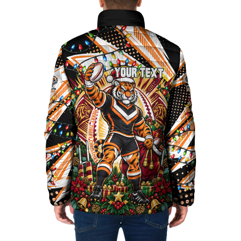 Personalized Wests Tigers Rugby Christmas Padded Jacket Holiday Mascot Graphic Art Festive Lights Bow