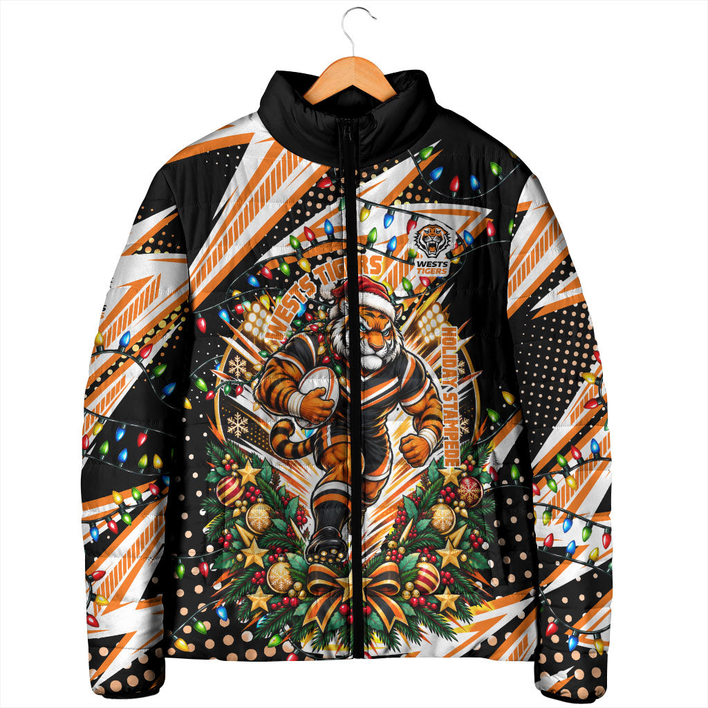 Personalized Wests Tigers Rugby Christmas Padded Jacket Holiday Mascot Graphic Art Festive Lights Bow