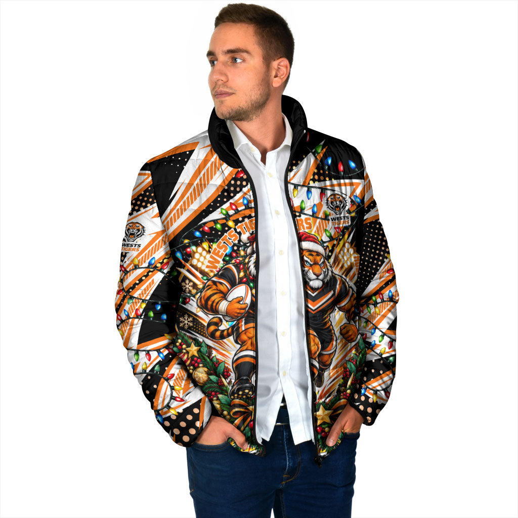 Personalized Wests Tigers Rugby Christmas Padded Jacket Holiday Mascot Graphic Art Festive Lights Bow