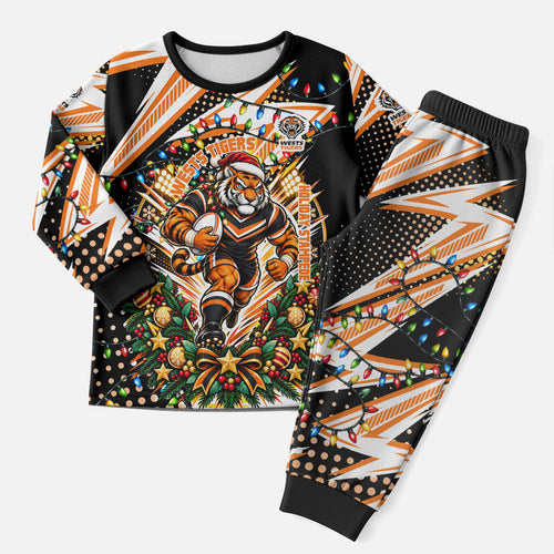 Personalized Wests Tigers Rugby Christmas Pajama Set Holiday Mascot Graphic Art Festive Lights Bow