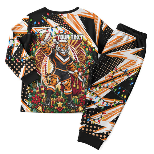 Personalized Wests Tigers Rugby Christmas Pajama Set Holiday Mascot Graphic Art Festive Lights Bow