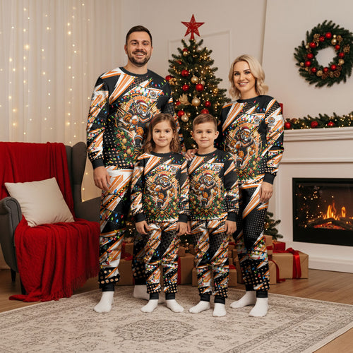 Personalized Wests Tigers Rugby Christmas Pajama Set Holiday Mascot Graphic Art Festive Lights Bow