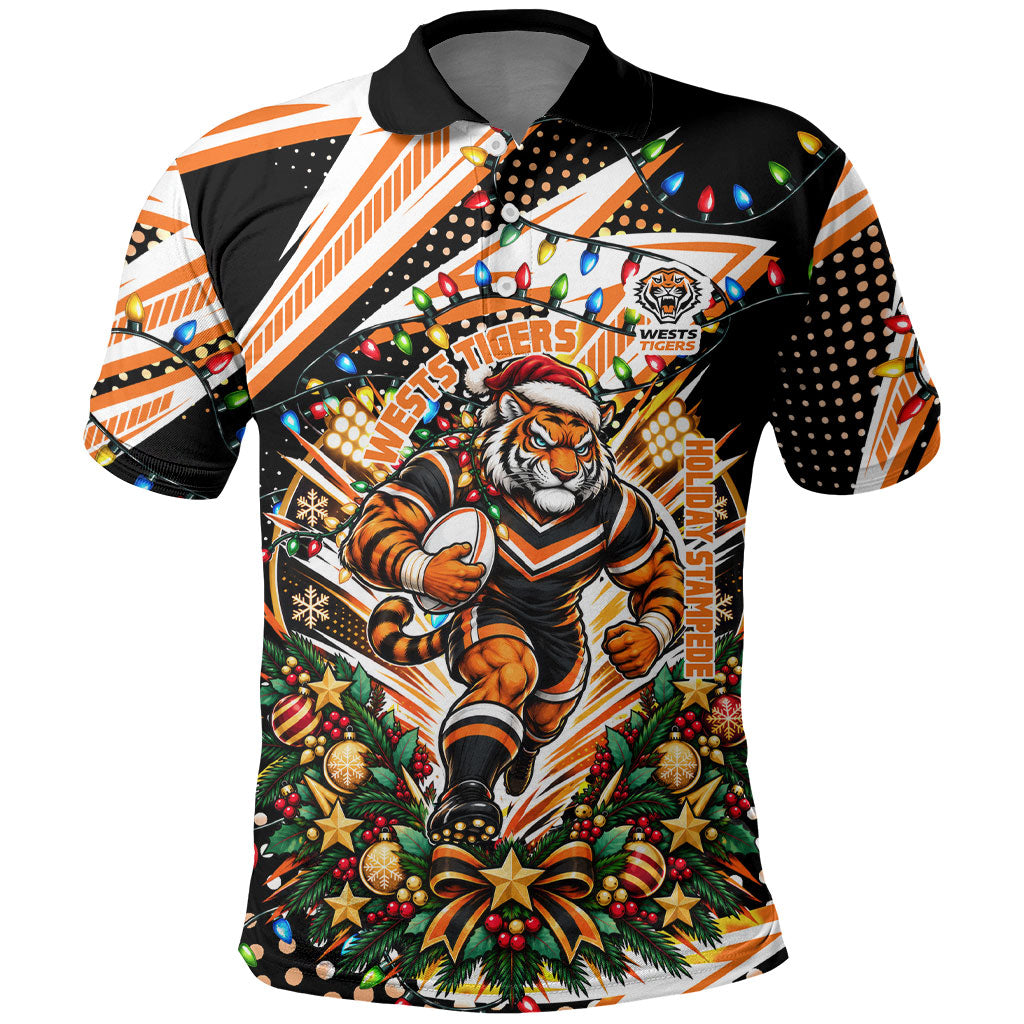 Personalized Wests Tigers Rugby Christmas Polo Shirt Holiday Mascot Graphic Art Festive Lights Bow