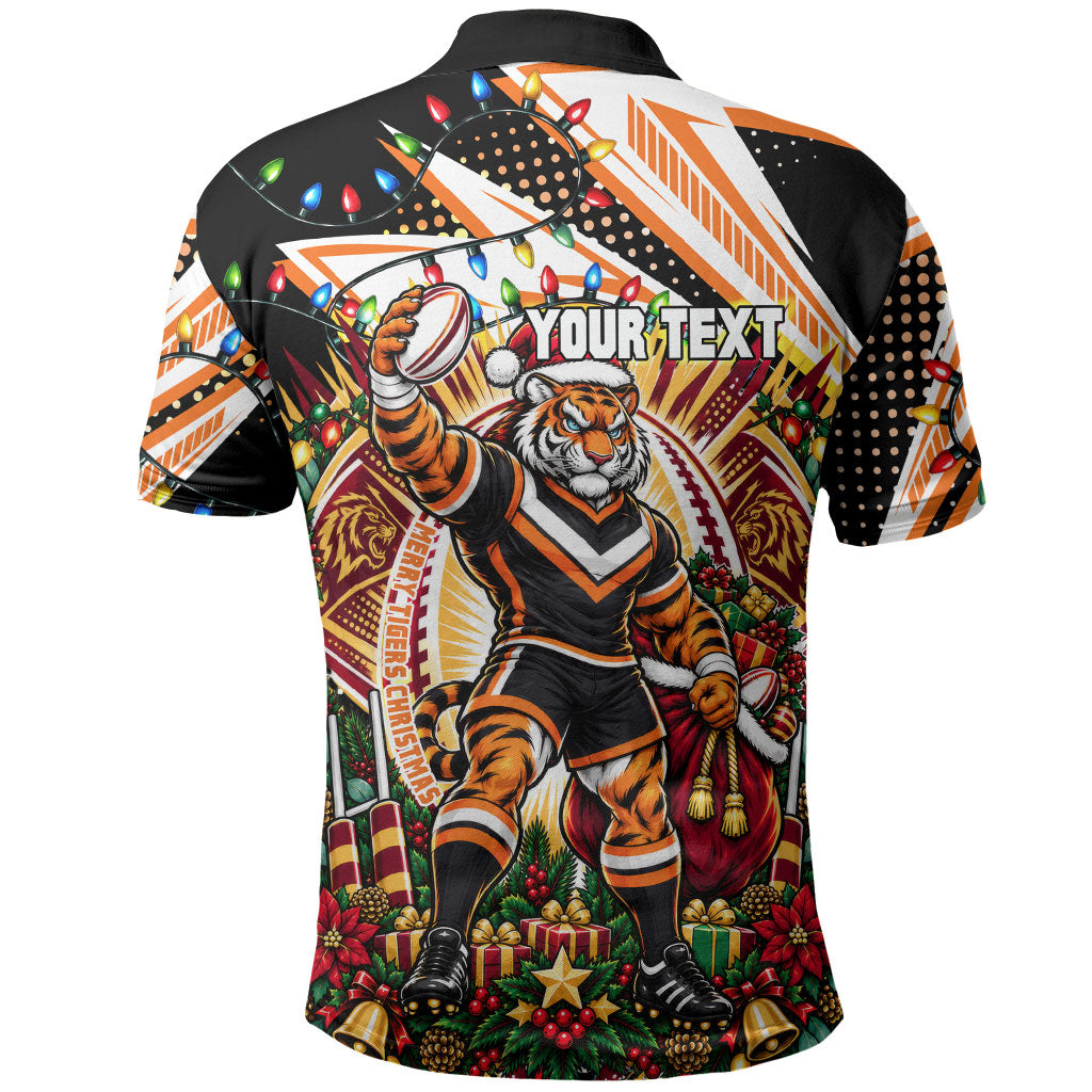 Personalized Wests Tigers Rugby Christmas Polo Shirt Holiday Mascot Graphic Art Festive Lights Bow