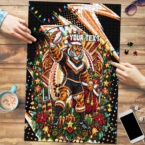 Personalized Wests Tigers Rugby Christmas Puzzle Holiday Mascot Graphic Art Festive Lights Bow