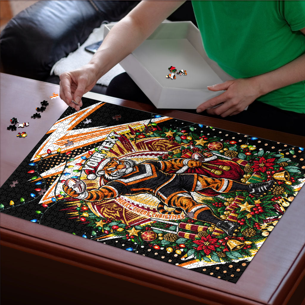 Personalized Wests Tigers Rugby Christmas Puzzle Holiday Mascot Graphic Art Festive Lights Bow