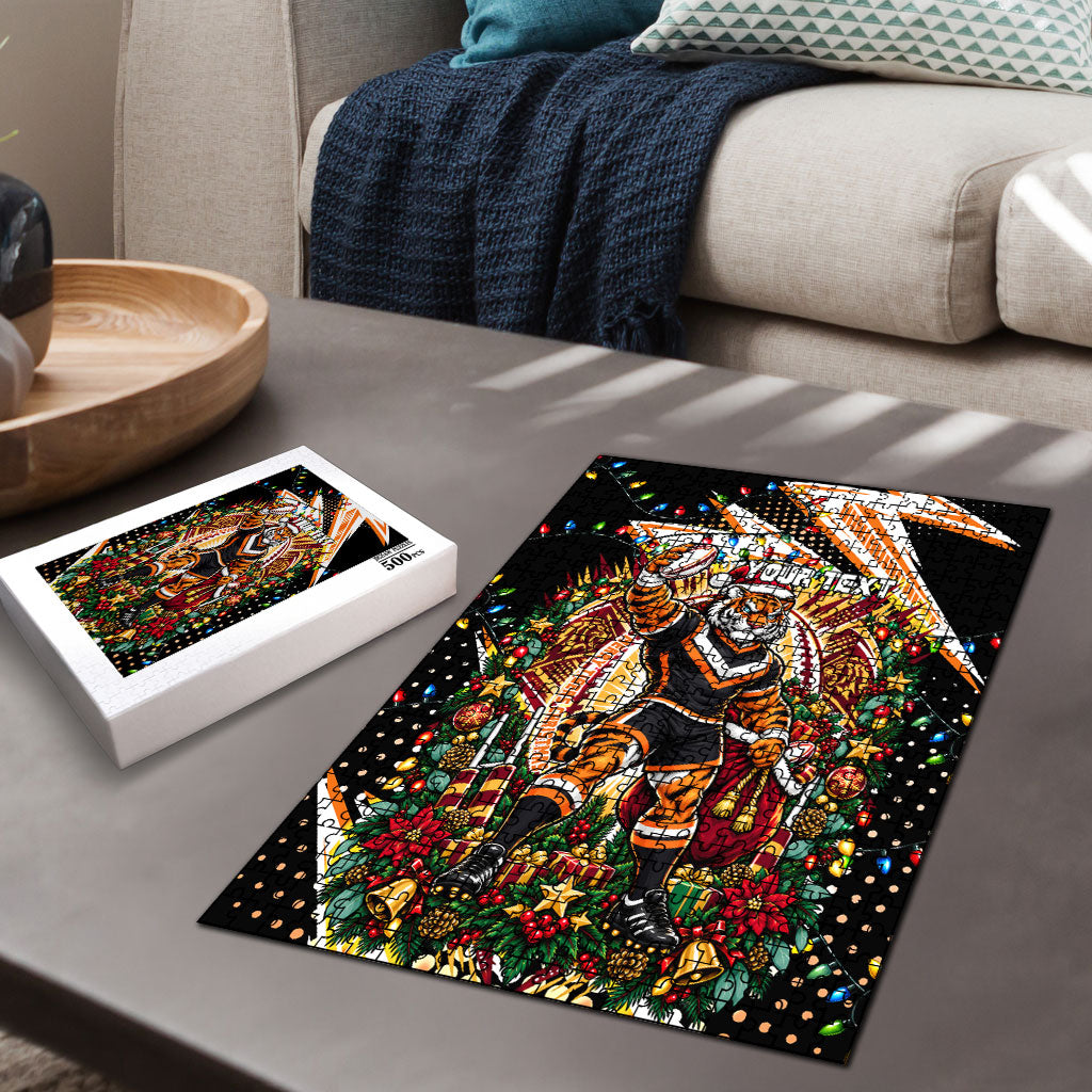 Personalized Wests Tigers Rugby Christmas Puzzle Holiday Mascot Graphic Art Festive Lights Bow