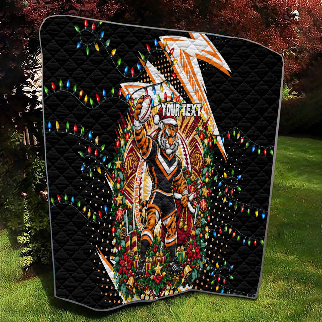 Personalized Wests Tigers Rugby Christmas Quilt Holiday Mascot Graphic Art Festive Lights Bow