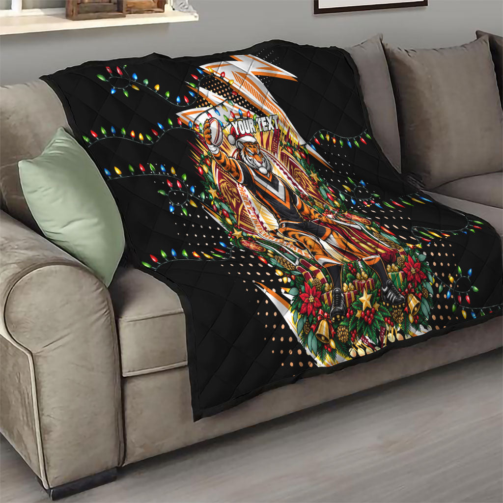 Personalized Wests Tigers Rugby Christmas Quilt Holiday Mascot Graphic Art Festive Lights Bow