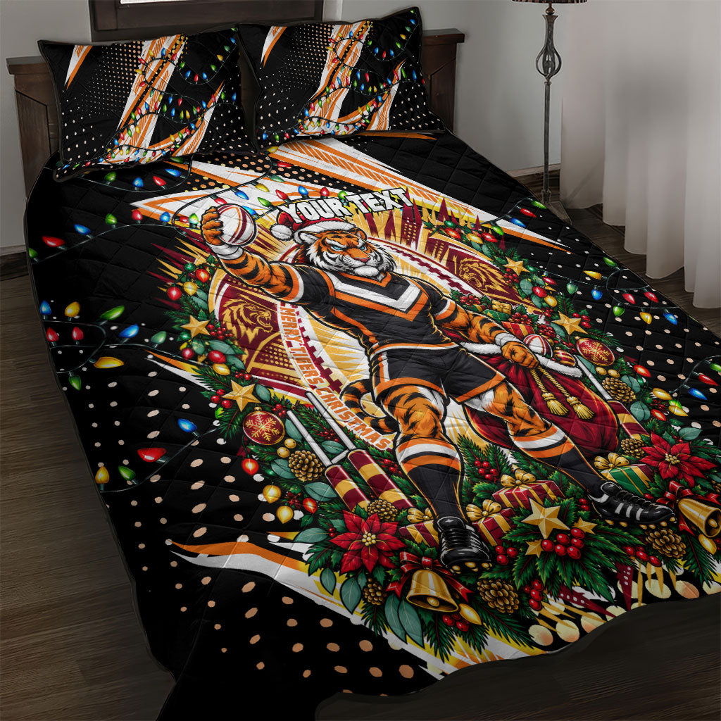 Personalized Wests Tigers Rugby Christmas Quilt Bed Set Holiday Mascot Graphic Art Festive Lights Bow