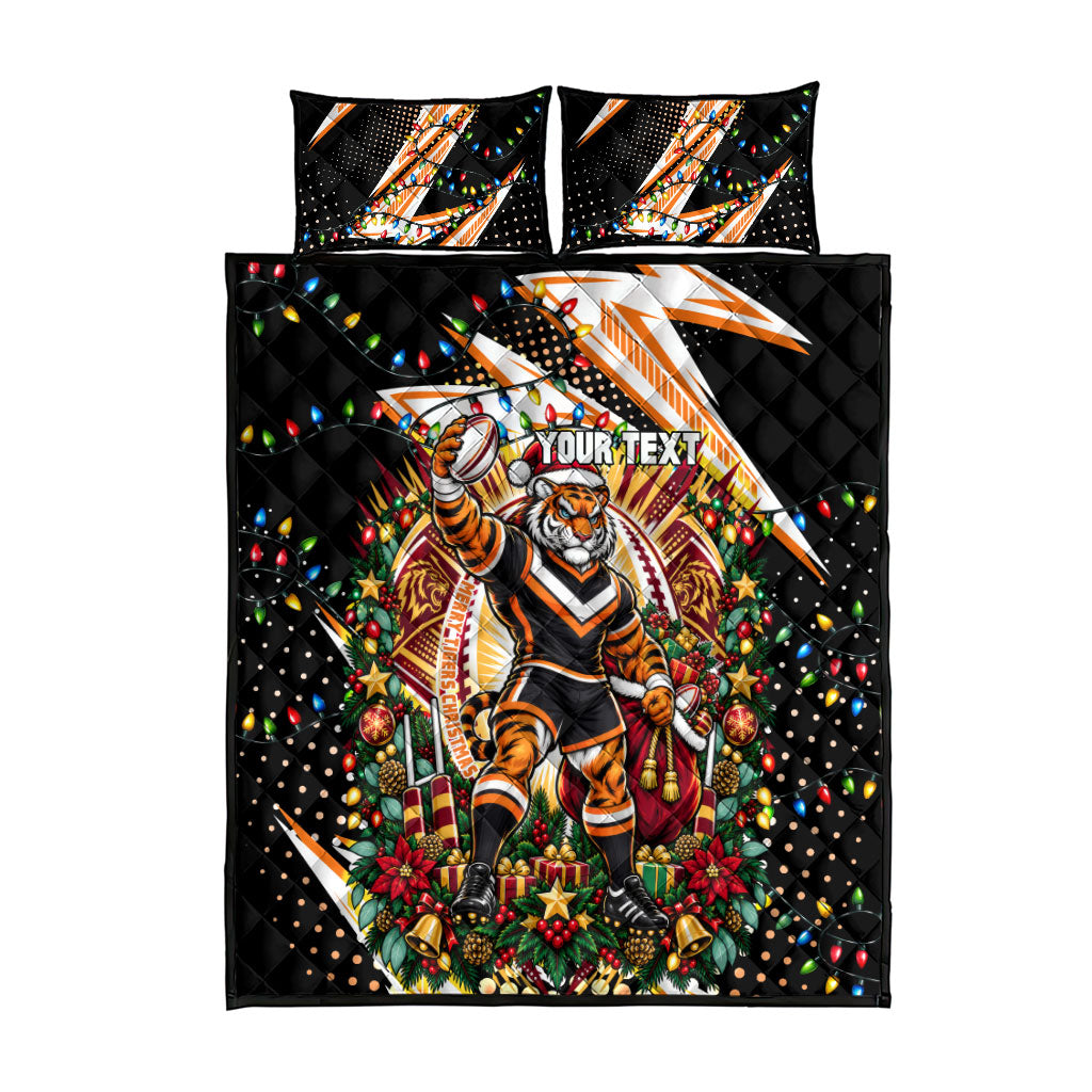 Personalized Wests Tigers Rugby Christmas Quilt Bed Set Holiday Mascot Graphic Art Festive Lights Bow