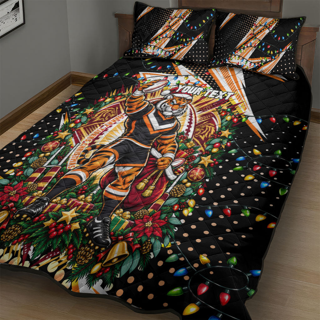 Personalized Wests Tigers Rugby Christmas Quilt Bed Set Holiday Mascot Graphic Art Festive Lights Bow