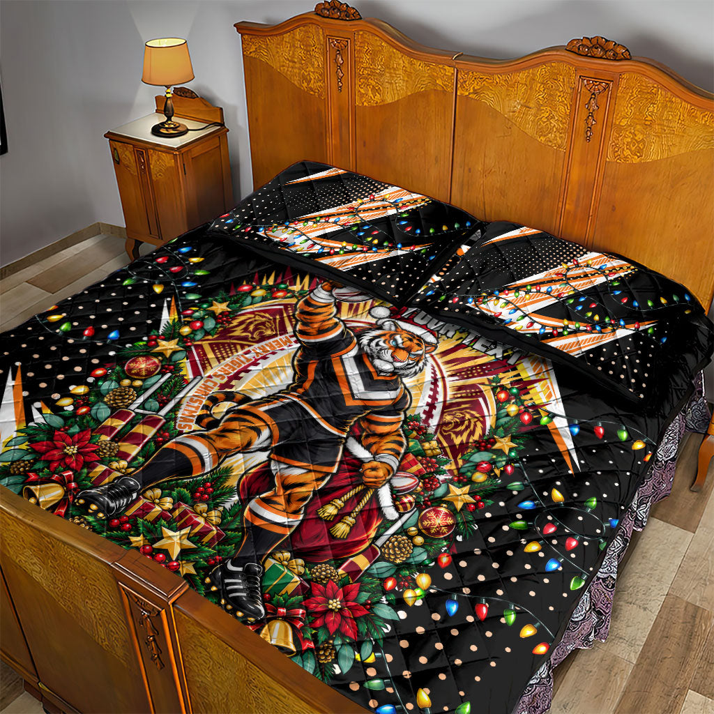 Personalized Wests Tigers Rugby Christmas Quilt Bed Set Holiday Mascot Graphic Art Festive Lights Bow