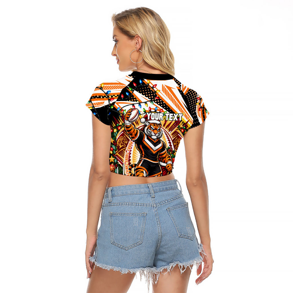 Personalized Wests Tigers Rugby Christmas Raglan Cropped T Shirt Holiday Mascot Graphic Art Festive Lights Bow