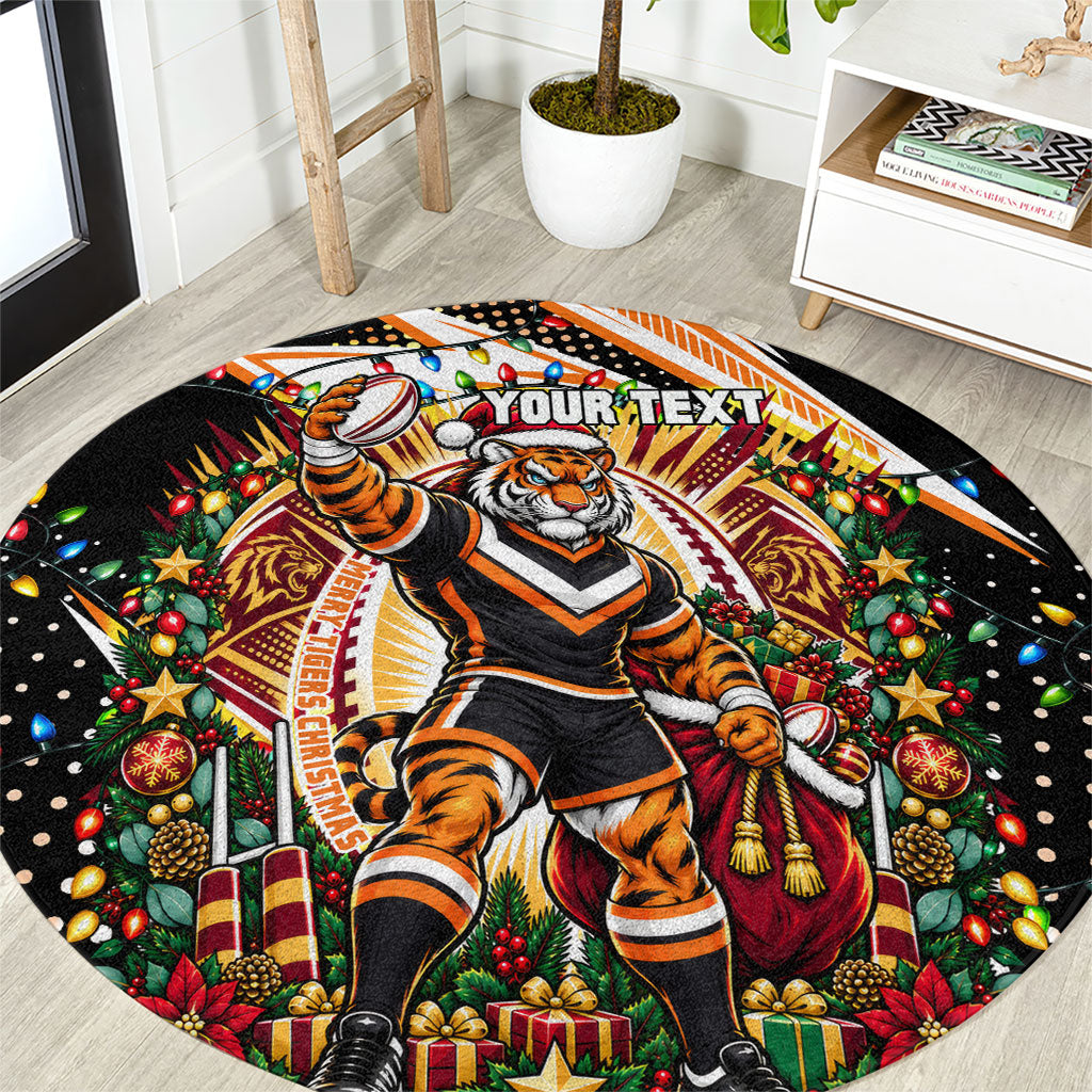 Personalized Wests Tigers Rugby Christmas Round Carpet Holiday Mascot Graphic Art Festive Lights Bow