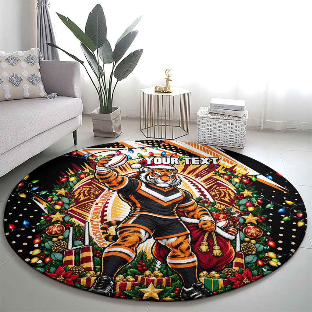 Personalized Wests Tigers Rugby Christmas Round Carpet Holiday Mascot Graphic Art Festive Lights Bow