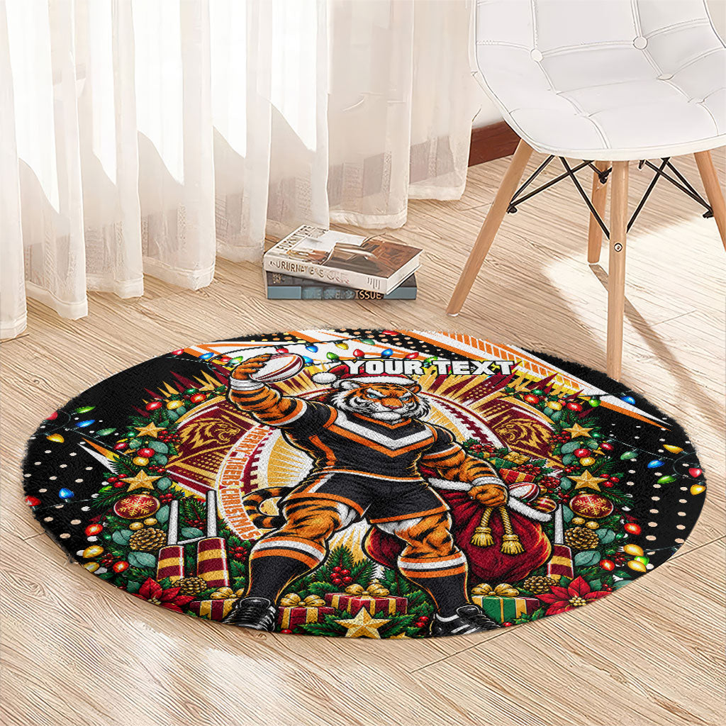 Personalized Wests Tigers Rugby Christmas Round Carpet Holiday Mascot Graphic Art Festive Lights Bow