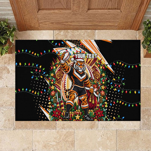 Personalized Wests Tigers Rugby Christmas Rubber Doormat Holiday Mascot Graphic Art Festive Lights Bow