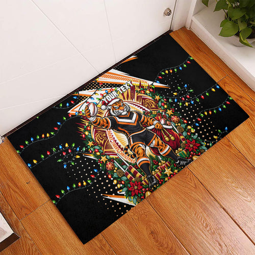 Personalized Wests Tigers Rugby Christmas Rubber Doormat Holiday Mascot Graphic Art Festive Lights Bow