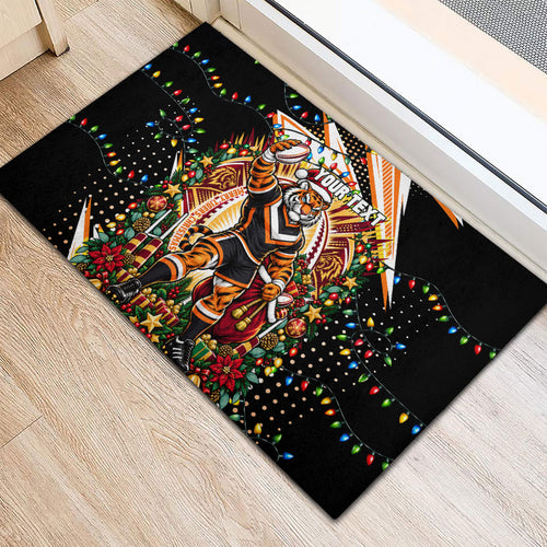 Personalized Wests Tigers Rugby Christmas Rubber Doormat Holiday Mascot Graphic Art Festive Lights Bow